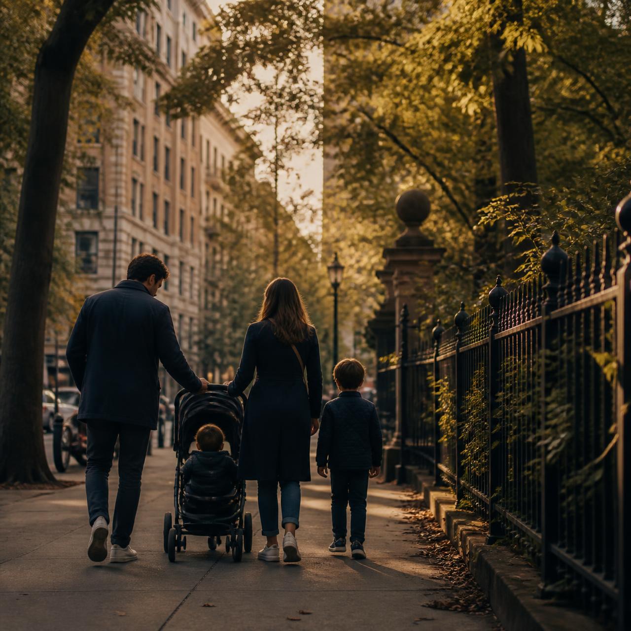 A young family walking with a stroller toward a Manhattan park